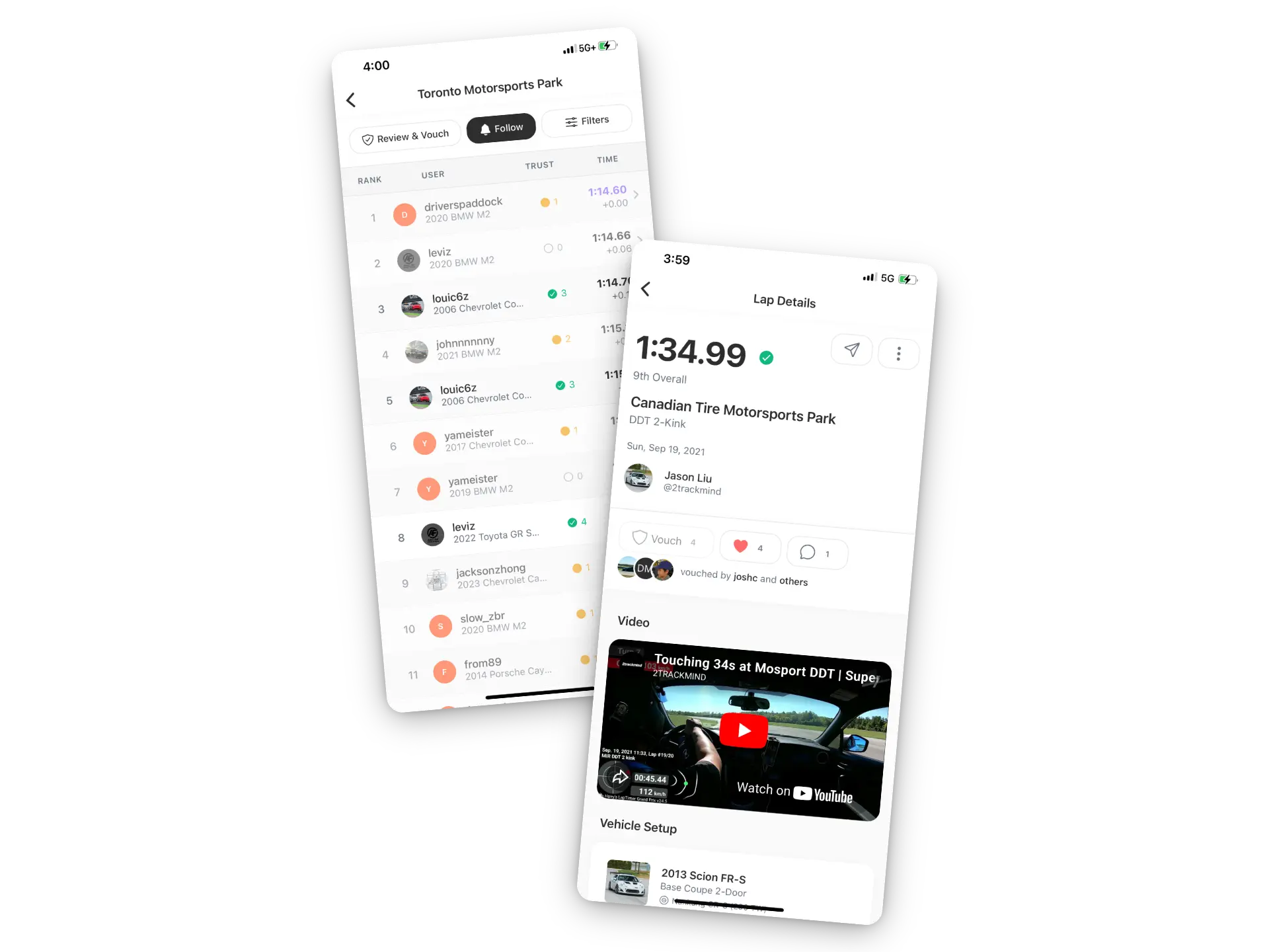 ThrottlePass app showing leaderboards and lap time details